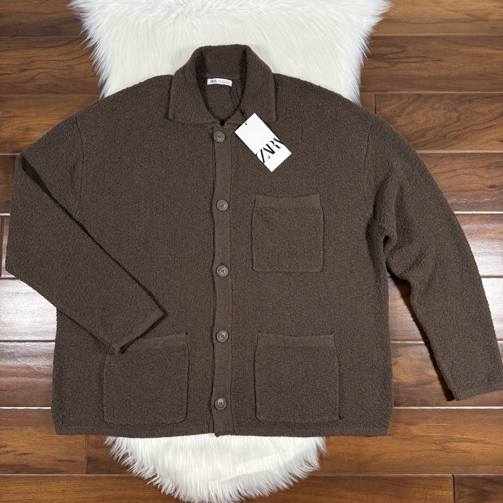 Zara Men's Size Large Brown Pocket Collared Button Up Boucle Cardigan Sweater